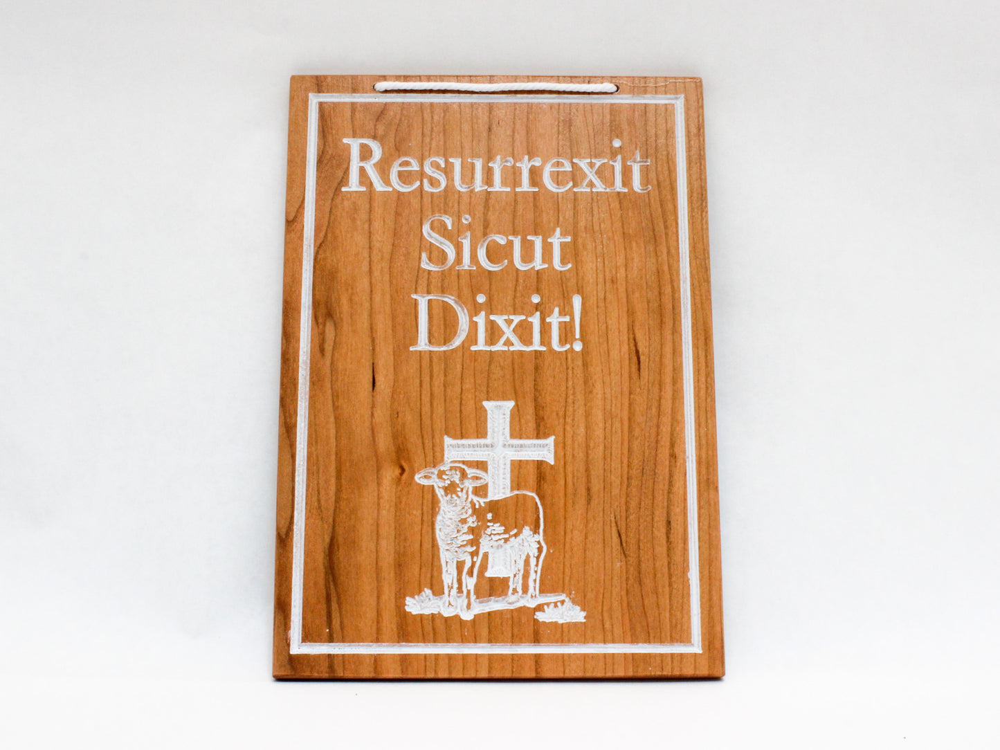Reversible Easter hanging sign featuring the text "Resurrexit Sicut Dixit!" and an image of the paschal lamb with a cross. Catholic Easter Decoration