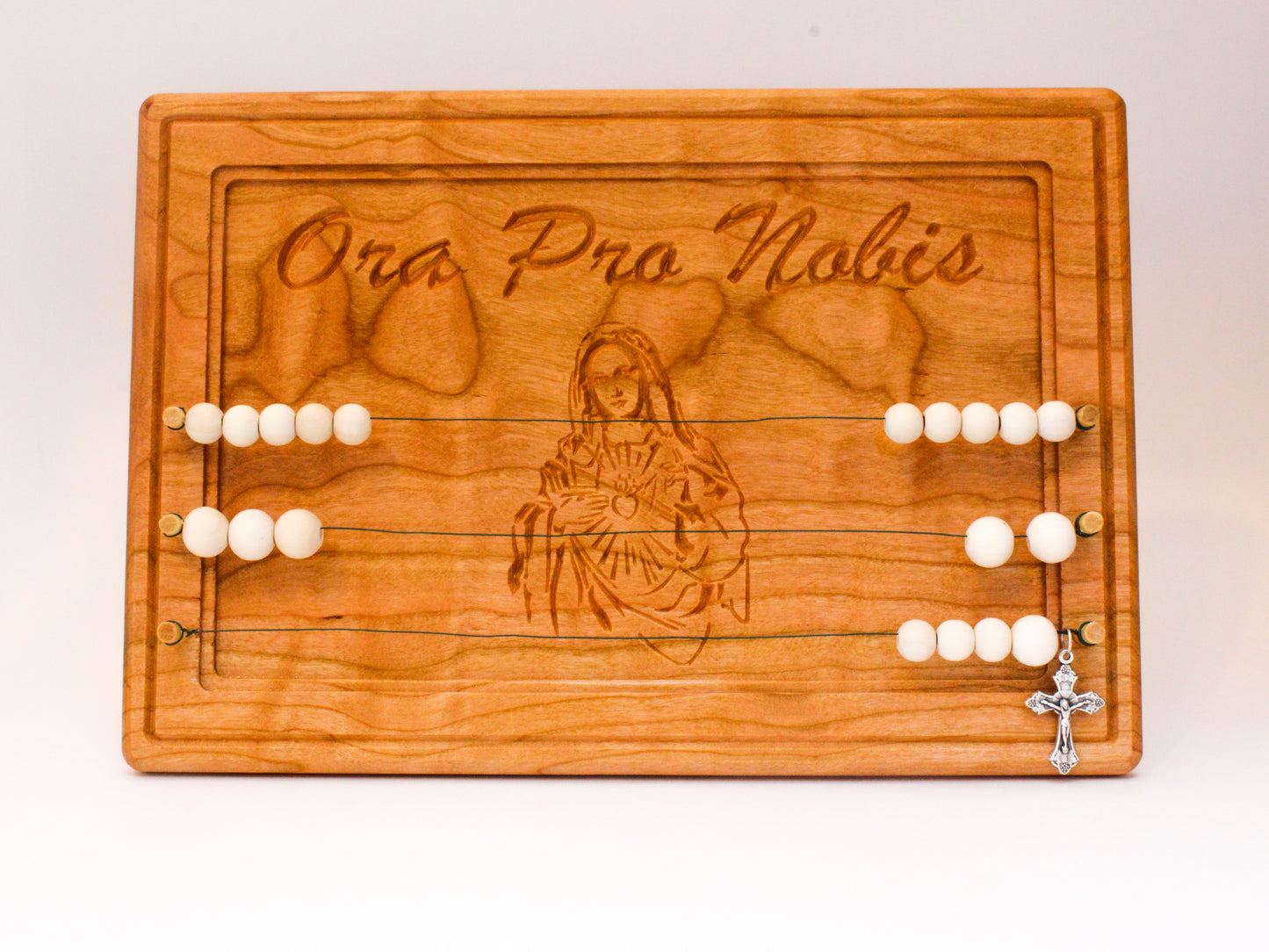 Hanging or standing abacus style kitchen rosary with Mary and the words Ora Pro Nobis.