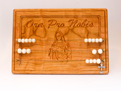 Hanging or standing abacus style kitchen rosary with Mary and the words Ora Pro Nobis.