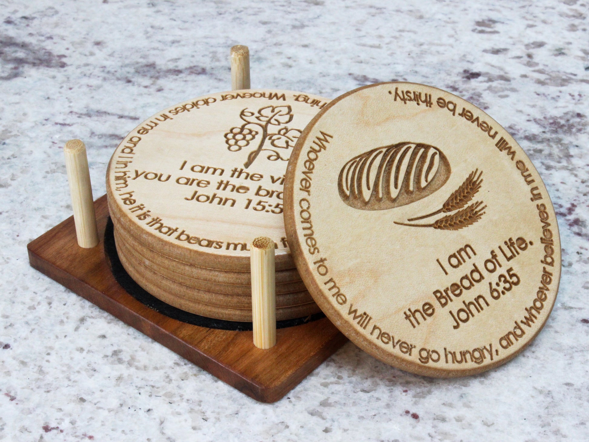 Handmade wooden coaster set of six coasters with stand. Each coaster engraved with a different verse from the Gospels featuring one of Jesus' "I Am" statements. 