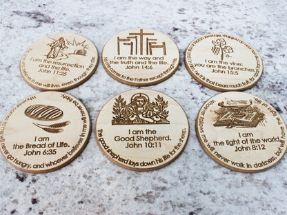 Set of six handmade wooden coasters: I am the resurrection and the life, I am the way and the truth and the life, I am the vine; you are the branches, I am the bread of life, I am the Good Shepherd, I am the light of the world.