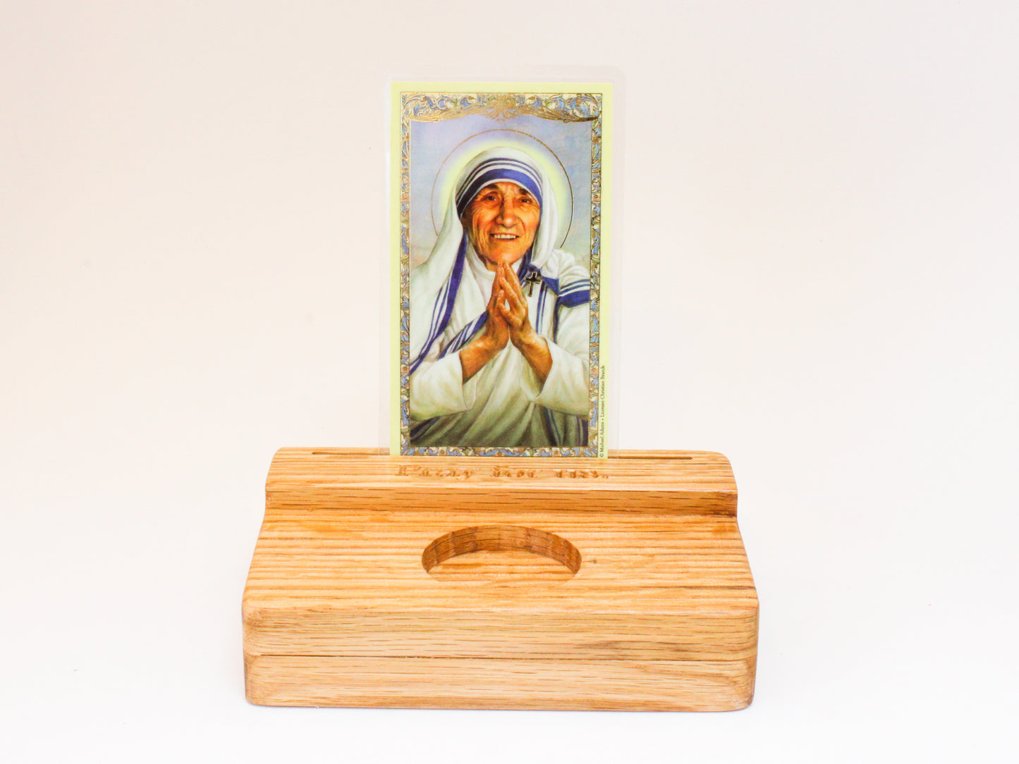 Large wooden holy card stand, prayer card holder, with space for storing extra holy cards and room for a votive candle. 