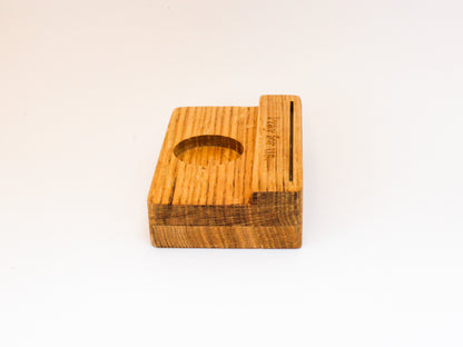 Side view of wooden holy card stand with space for prayer card and votive candle