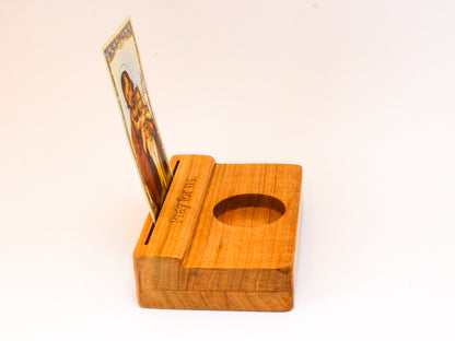 Side view of prayer card holder/holy card stand made of wood