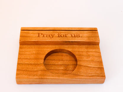 Close up image of small holy card holder/prayer card stand to show the engraved words "Pray for Us"
