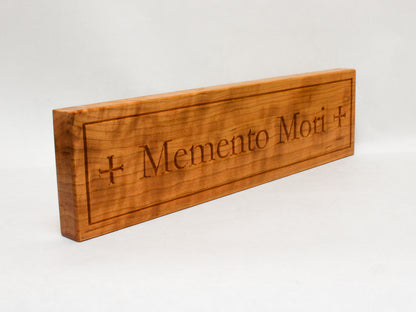Side view of engraved Memento Mori Lent decoration sign