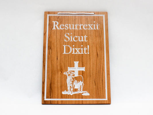 Reversible Easter hanging sign featuring the text "Resurrexit Sicut Dixit!" and an image of the paschal lamb with a cross. Catholic Easter Decoration