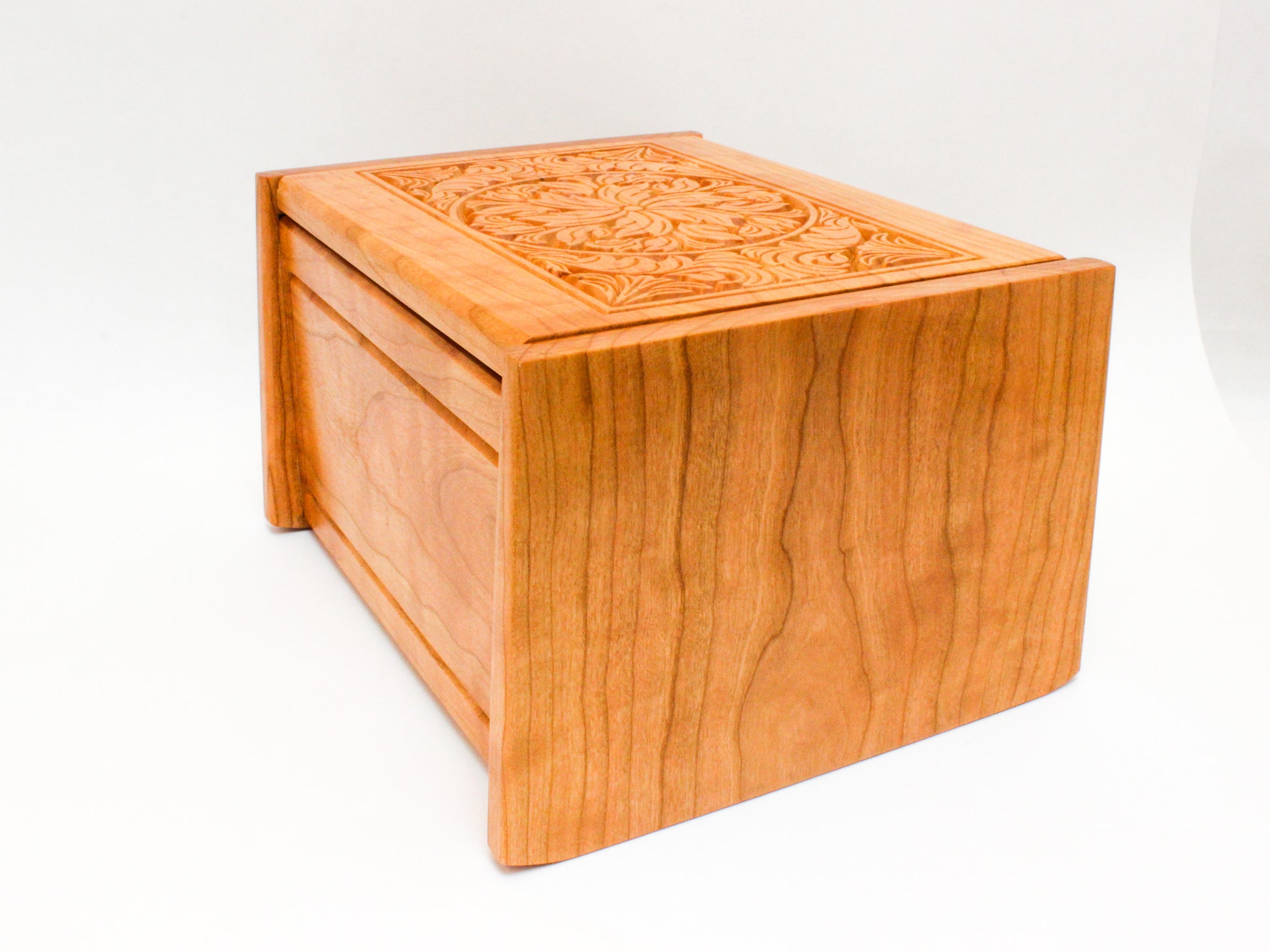 Side view of wooden keepsake box with engraved top and hinged lid. Personalized engravings available!