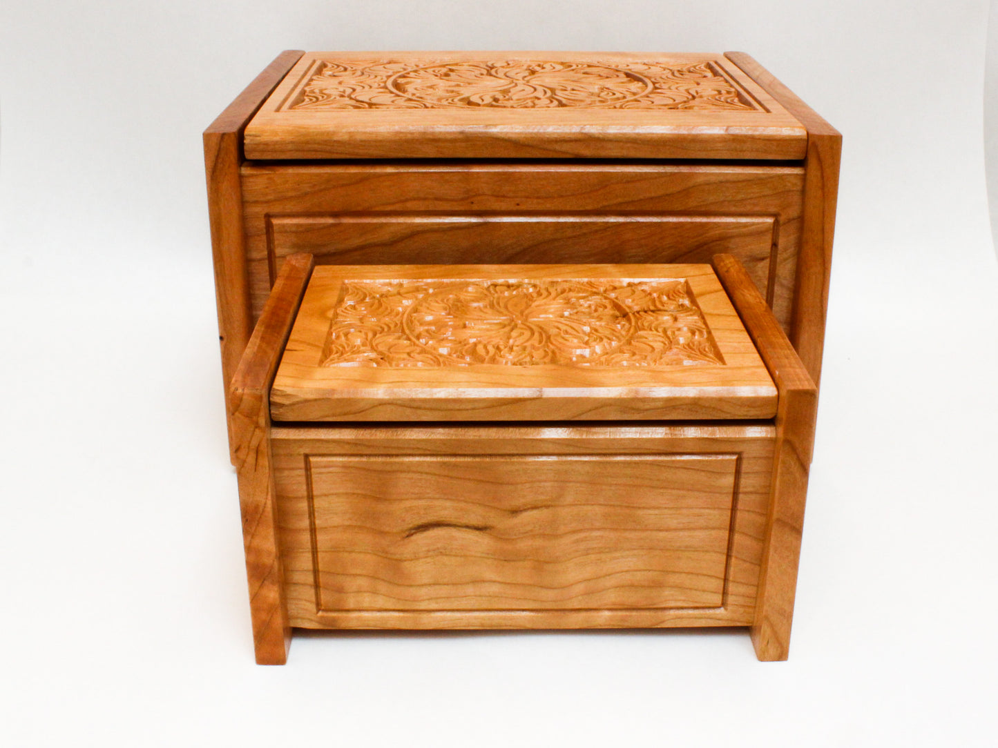 Large and small keepsake boxes shown together for size comparison: both made of beautiful cherry wood and engraved with floral design on top